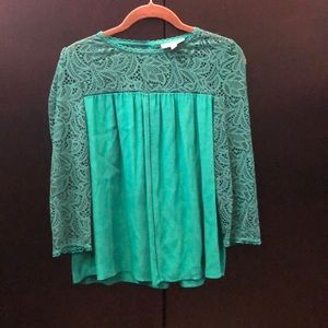 Emerald silk like lace blouse Anthropologie